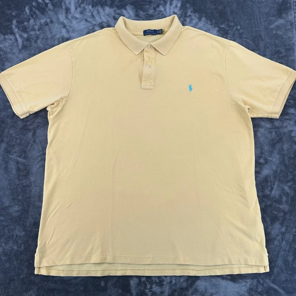 Polo Ralph Lauren Mens 2XLT Yellow Short Sleeve Pique Polo Shirt Blue Pony